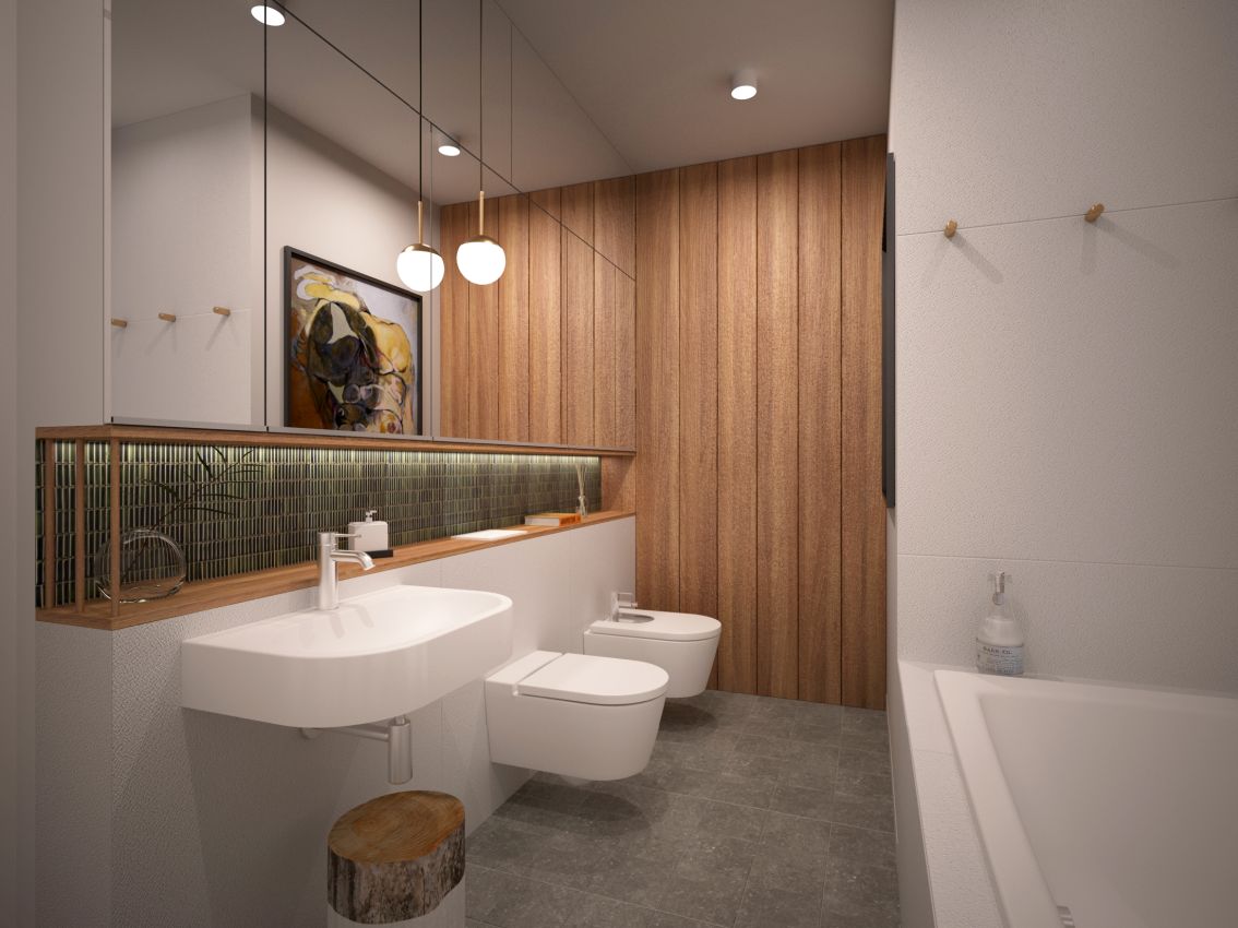 Drewniana ściana jest schowkiem na pralkę, a za lustrami znajdują się liczne szafki.